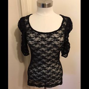 EXPRESS Puff Sleeve Lace Tee T-Shirt Black